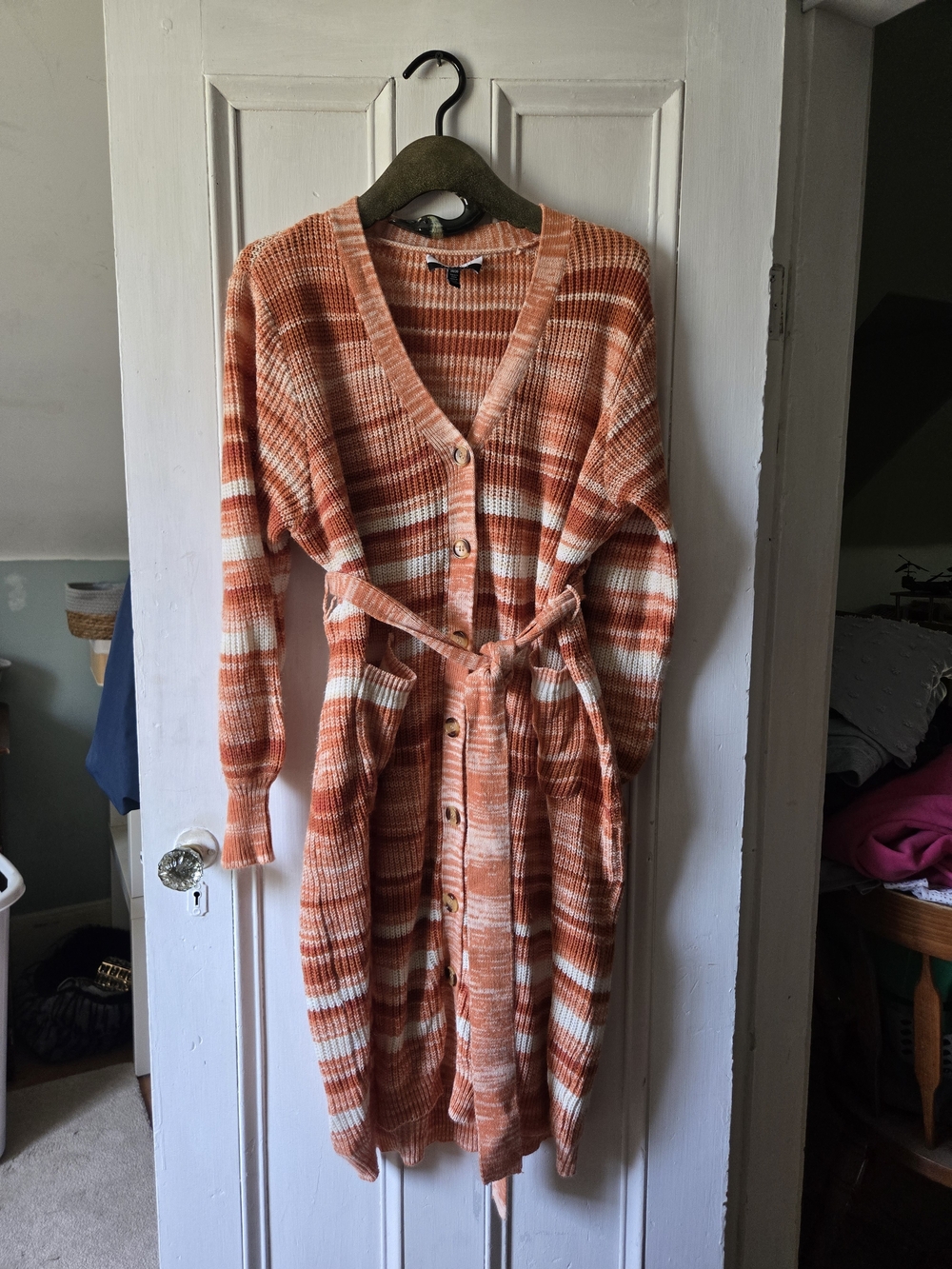 Eloquii Striped Knit Button-Front Cardigan Dress in Orange and Cream